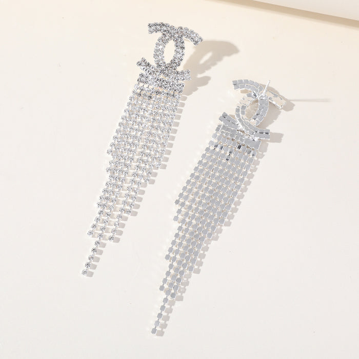 Wholesale Letter Rhinestone Long Tassel Earrings JDC-ES-ShiYi003