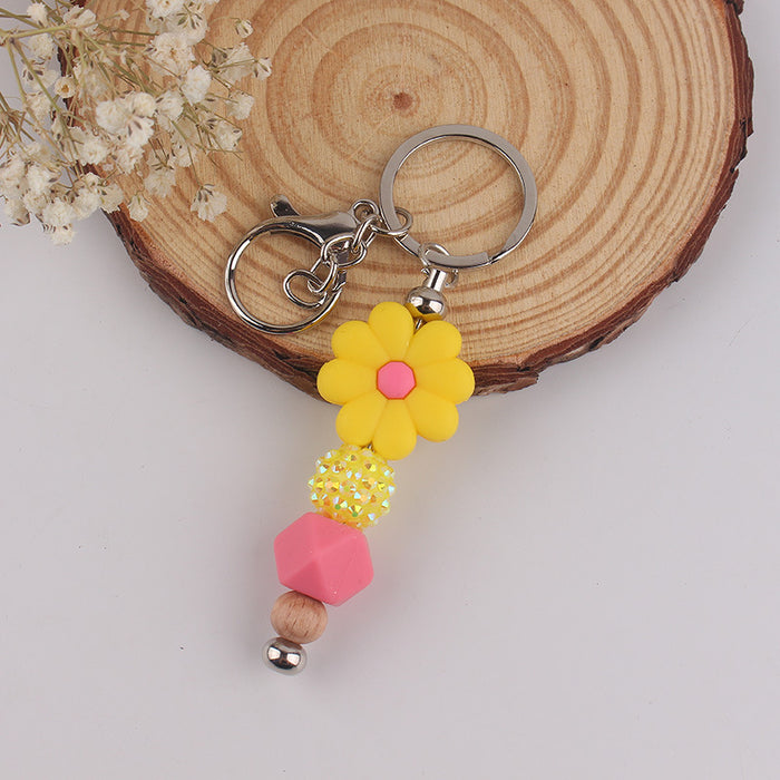 Wholesale Begonia  Flower Beaded Tassel Keychain Pendant Silicone Beads Handmade Bag Decoration Hanging