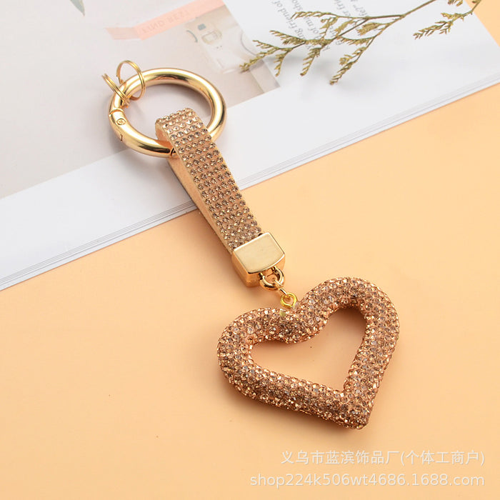Wholesale Full rhinestone heart keychain with diamond cord hollow heart car pendant