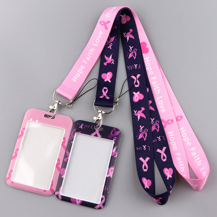 Wholesale Red Ribbon Women' s Health Symbol Mobile Phone Lanyard Key Accessories Polyester Double-Sided Hard Card Holder Keychain