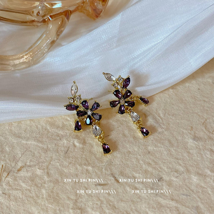 Wholesale Purple zircon flower pendant earrings, new niche design, fashionable earrings