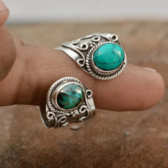 Wholesale New retro turquoise ring with exaggerated personality, flower ring, fashionable and versatile opening ring