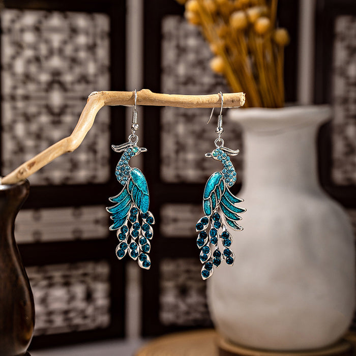 Wholesale Cloisonne Peacock earrings  silver minority totem Phoenix bell earrings