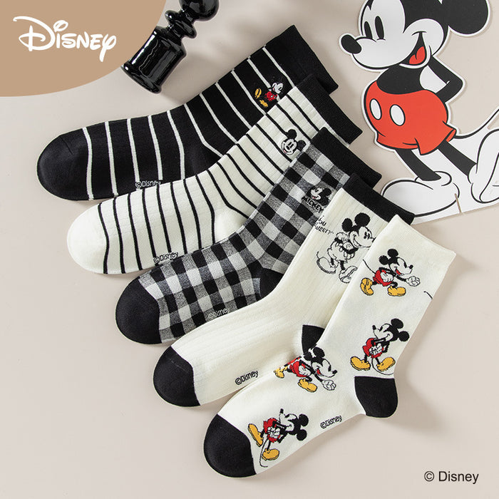 Wholesale Autumn and winter socks for children, 5 pairs of black striped mid tube cotton socks, cartoon embroidered women's socks