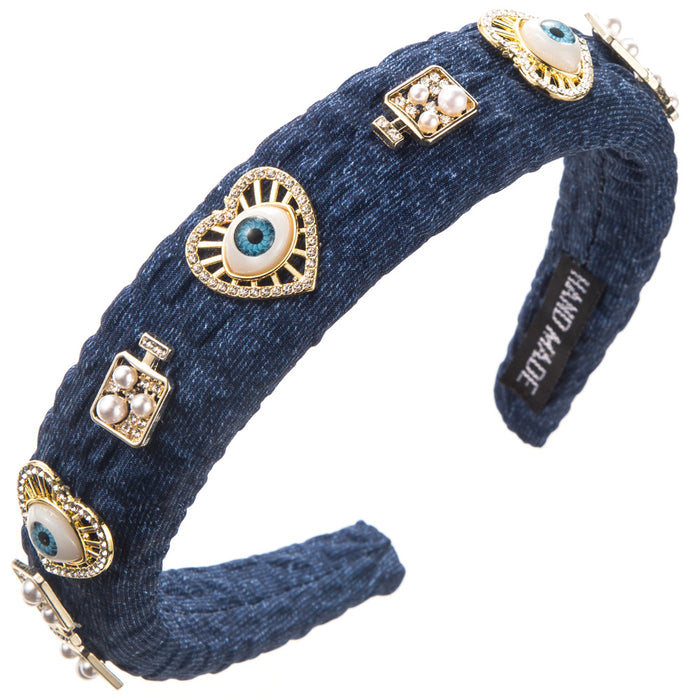 Wholesale Retro denim fabric alloy heart-shaped pearl-encrusted evil eye headband