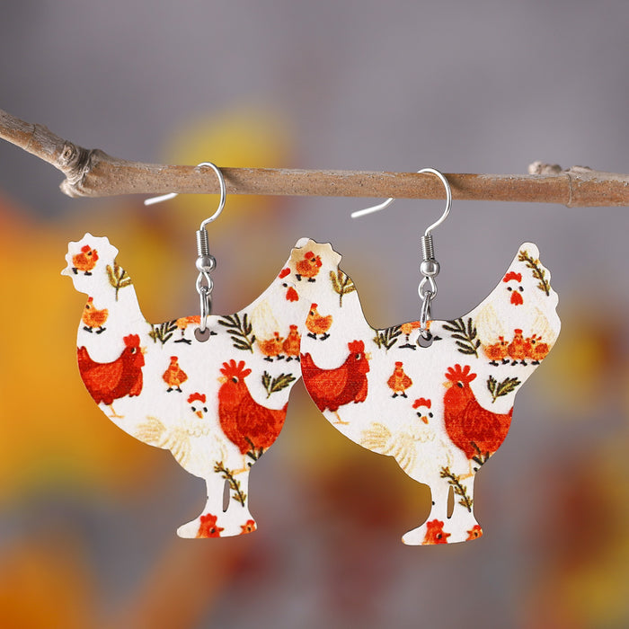 Wholesale Cute Chicken Lover Earrings Farm Animal Earrings Personalized Double-Sided Wooden Round Earrings