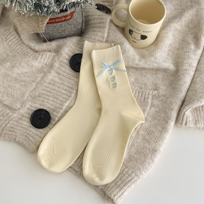 Wholesale Grey socks embroidered with heart, mid tube socks, blue ribbon, bow, stacked socks