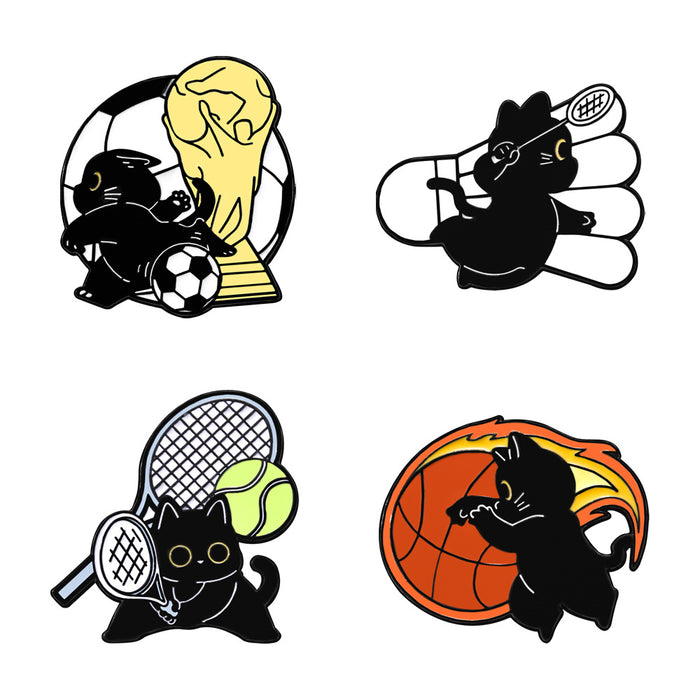 Wholesale Sports Cat Brooch Badge Cute Black Cat Badminton Tennis Football Basketball Schoolbag Decoration Oil-Drip Zinc Alloy