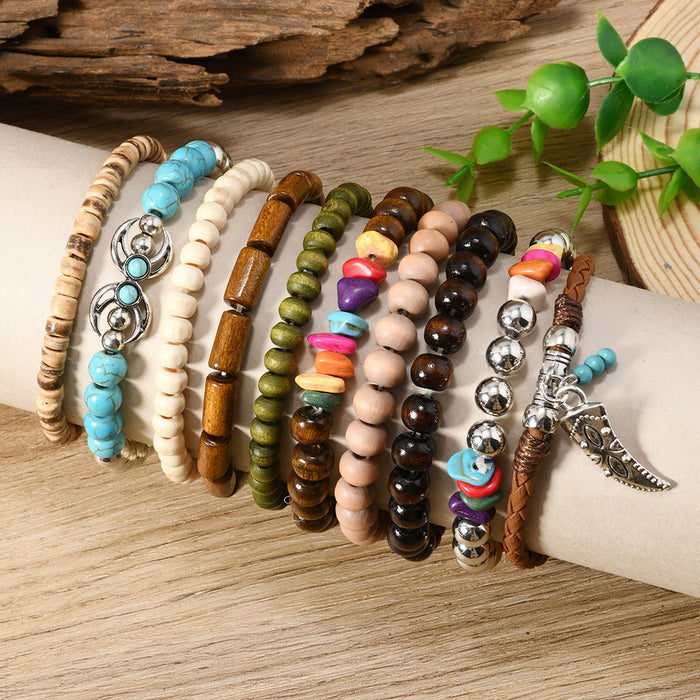Wholesale Bohemian style nut shell wood beaded elastic thread multi-piece bracelet set