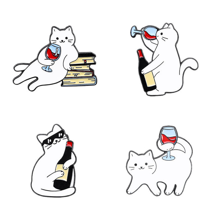 Wholesale Cartoon White Cat Brooch Cat Red Wine Cute Schoolbag Accessory Clothes Decoration Zinc Alloy Badge