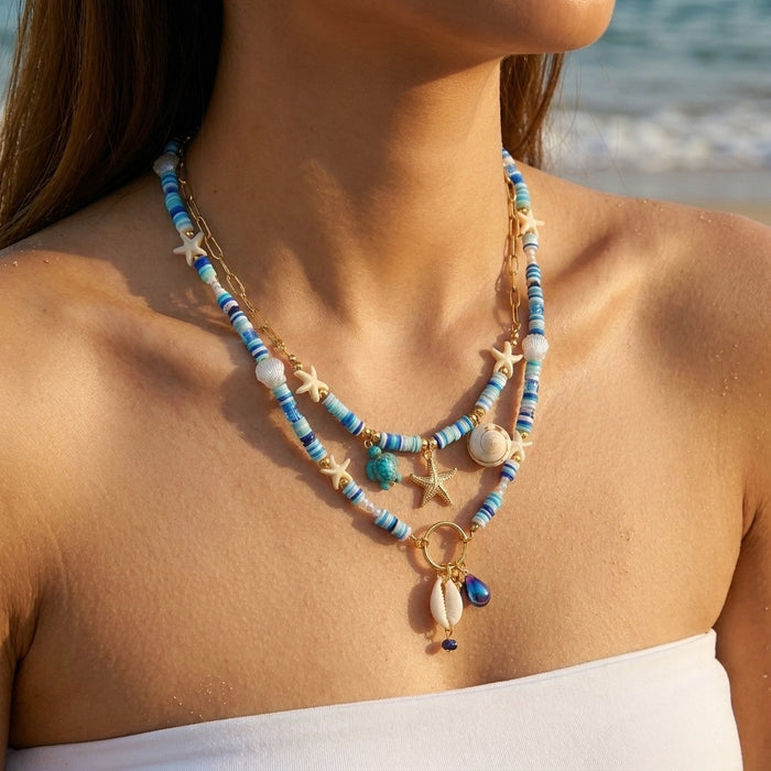 Wholesale Bohemian Sea Shells Starfish Beaded Multi-Layer Choker Necklace Summer Beach Vacation