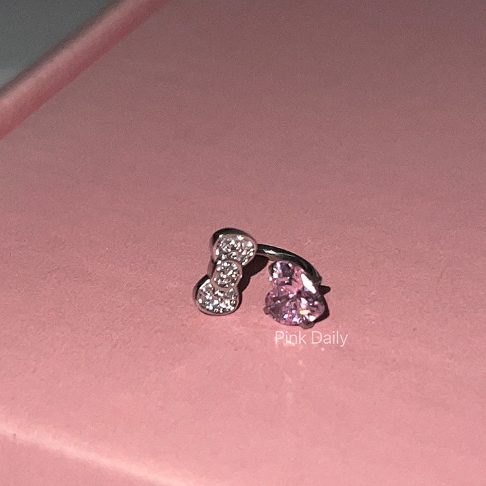 Wholesale  Cute  bow horseshoe ring pink love zircon titanium steel ear bone nail 1.2mm thick earrings