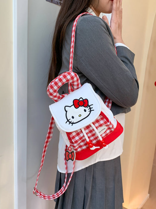 Wholesale Red Plaid Canvas Backpack Women' s Cute Kitten Handbag