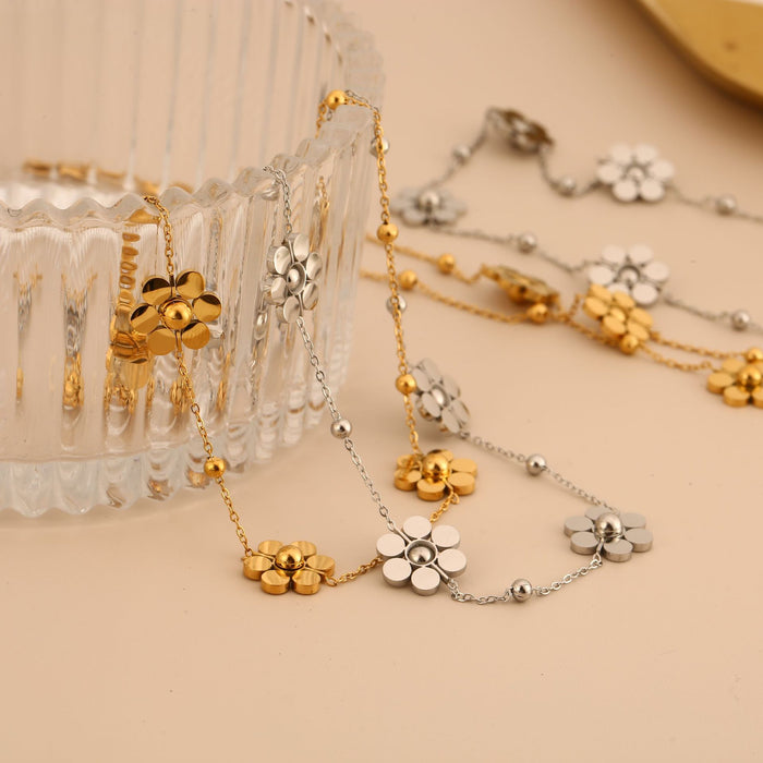 Wholesale Fashion temperament stainless steel floral daisy necklace with 6 petals and round bead chain color preservation wholesale