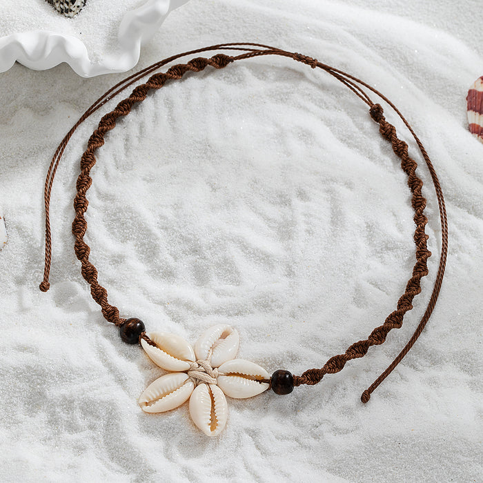 Wholesale Vacation style shell weaving flower wood bead rope weaving adjustable necklace accessories