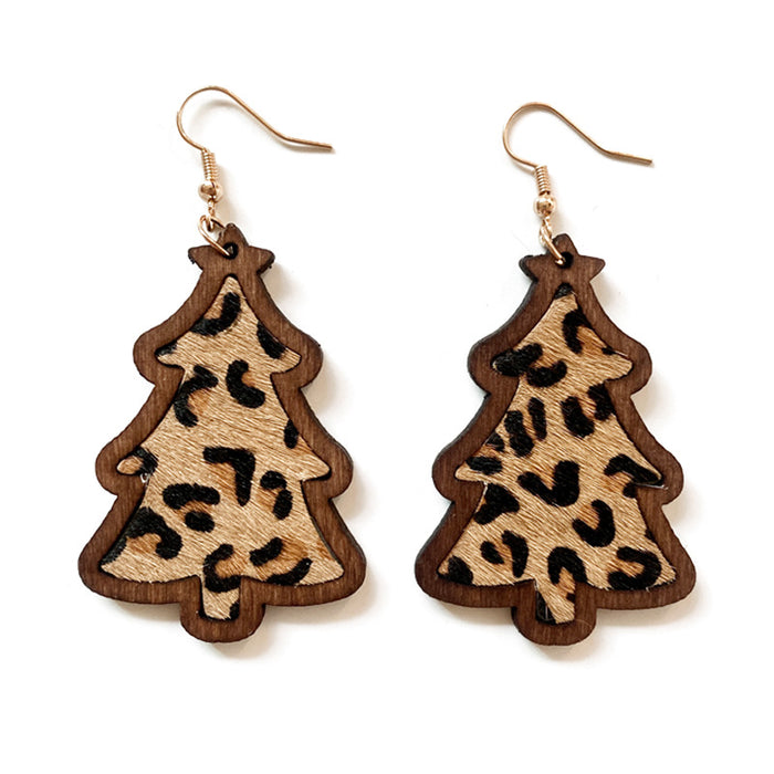 Wholesale Christmas wooden earrings Bohemian leather horse hair inlaid leather earrings