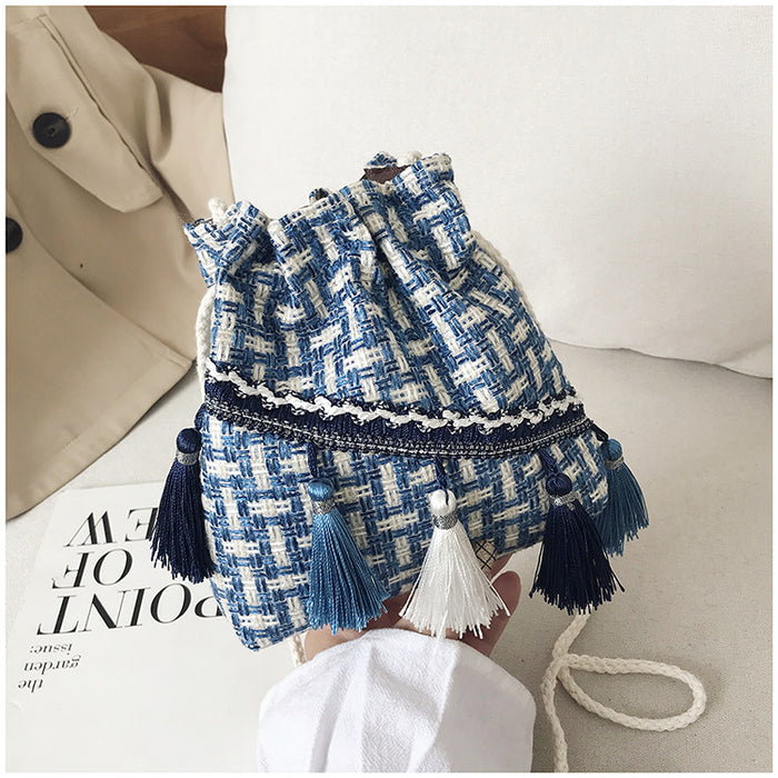 Wholesale Cotton Bucket Bag with Tassel for Women Ethnic Style