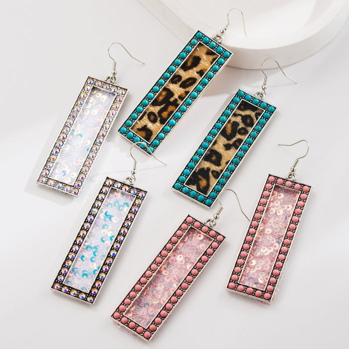 Wholesale Diamond-Encrusted Pink Turquoise Sequin Leopard Print Leather Earrings New Retro Elegant Earrings for Women