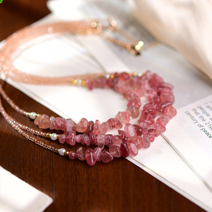 Wholesale Pink crystal necklace, crystal raw stone necklace, niche peach blossom crystal crushed stone necklace