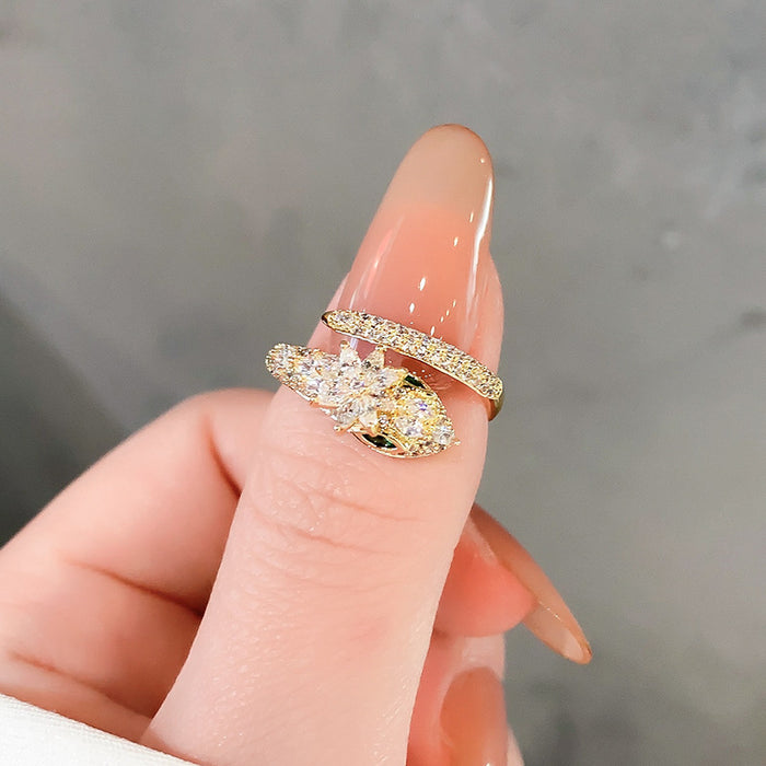 Wholesale Lotus Rhinestone Snake-Shaped Open Ring Light Luxury Personalized Exquisite Finger Ring Tide Year of the Snake Ring