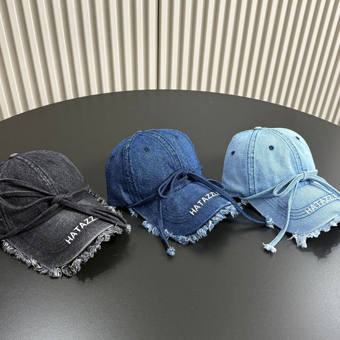 Wholesale Retro fringed denim baseball cap, soft top bow sun hat, sun protection duckbill cap