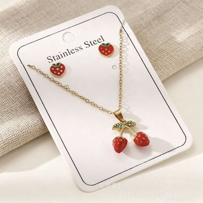 Wholesale 18K Gold Cherry Stainless Steel Earring and Necklace Set