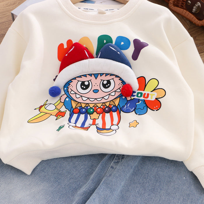 Wholesale Girls Cotton Sweatshirt Cartoon Children Autumn Three-dimensional Doll Collar Top Fashionable Children' s Clothing Two-piece Set Chinese Cotton Sweatshirt