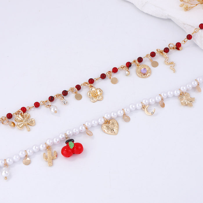 Wholesale Imitation Pearl Glass Double Layer Stacked Alloy Flowers Necklace Women