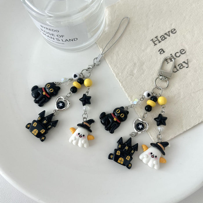 Wholesale Trendy  Ghost Beaded Keychain Charm Black Cat Phone Bag Pendant Fashion Accessory