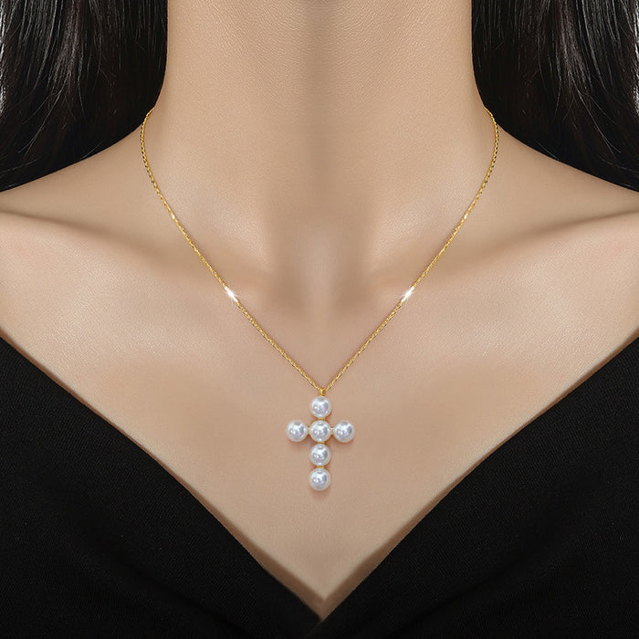 Wholesale Pearl Cross Titanium Steel Necklace JDC-NE-LiGe012