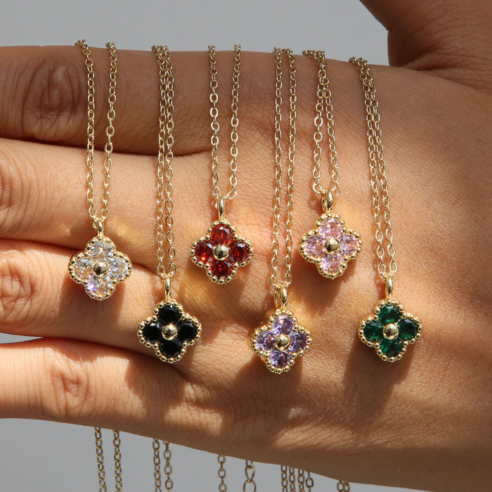 Wholesale 18k brass micro inlaid colored zirconium four-leaf clover flower  pendant clavicle chain necklace