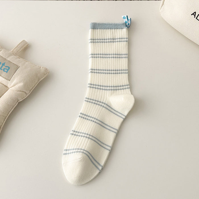 Wholesale Spring/Summer Cream Blue Striped Heel Love Cloth Label Middle Tube Stacked Socks