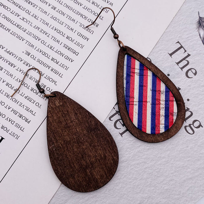 Wholesale Retro Independence Day Leather Earrings American Flag Drop-Shaped Texture Wood Grain Leather Earrings