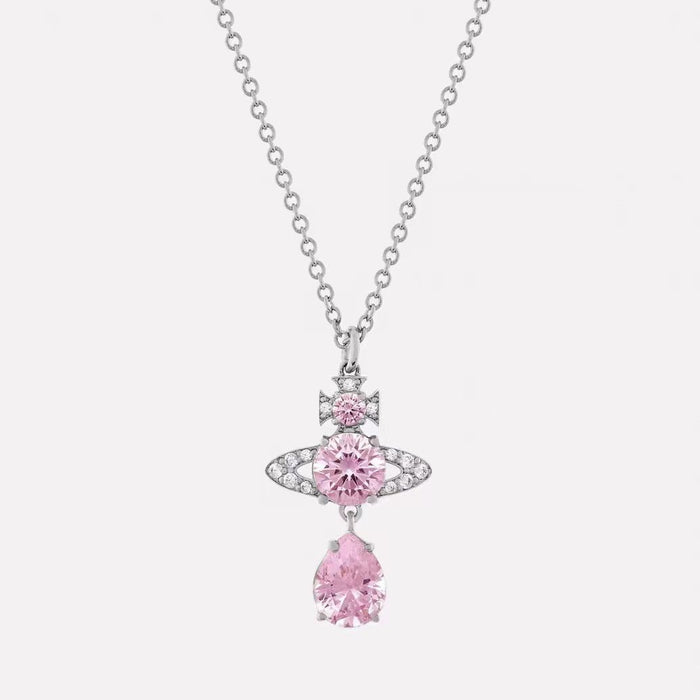 Wholesale Saturn Mermaid Tears Pink Tear Zirconia Stainless Steel Necklace