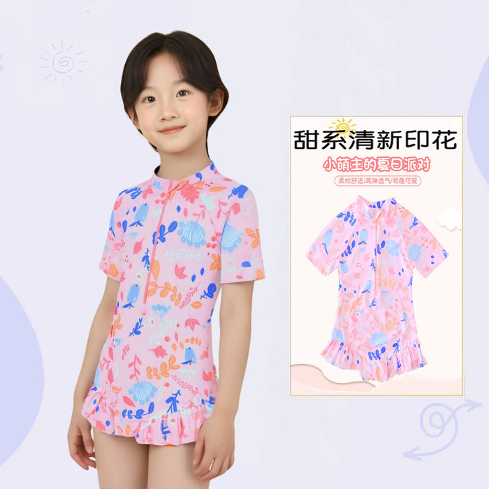 Wholesale Children's swimsuits, girls' cute floral one-piece swimsuits, children's high bounce comfortable quick drying swimsuits, girls' swimming