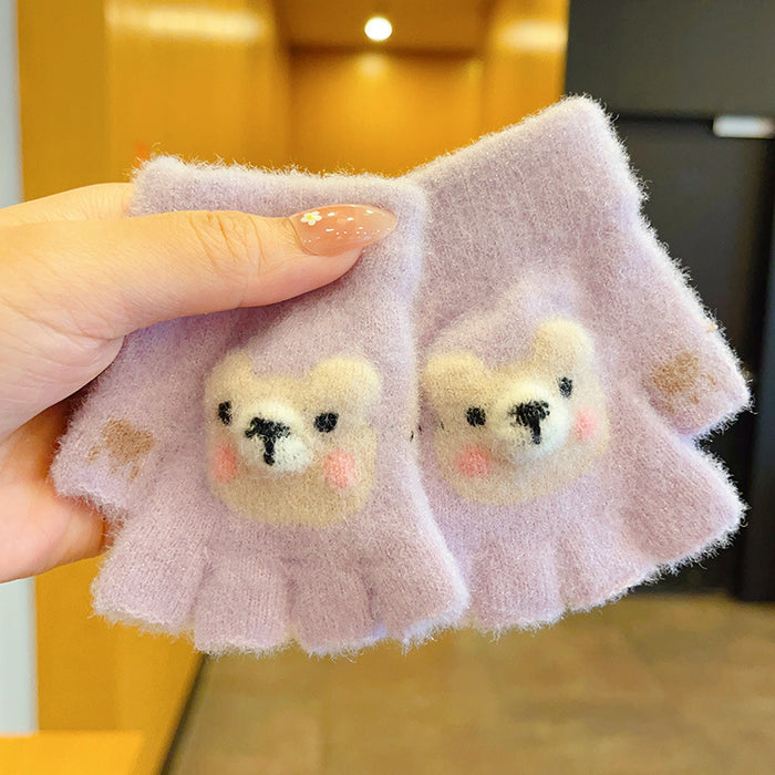 Wholesale Children' s Gloves Autumn and Winter Warm Cute Cartoon  Girls'  Half-Finger Flip Cover Baby Thickened Warm Five-Finger Set