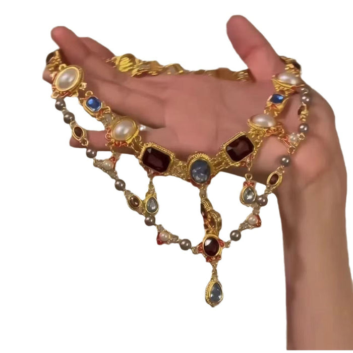 Wholesale Retro colored rhinestone pearl necklace with tassel, double layered collarbone chain, neck chain