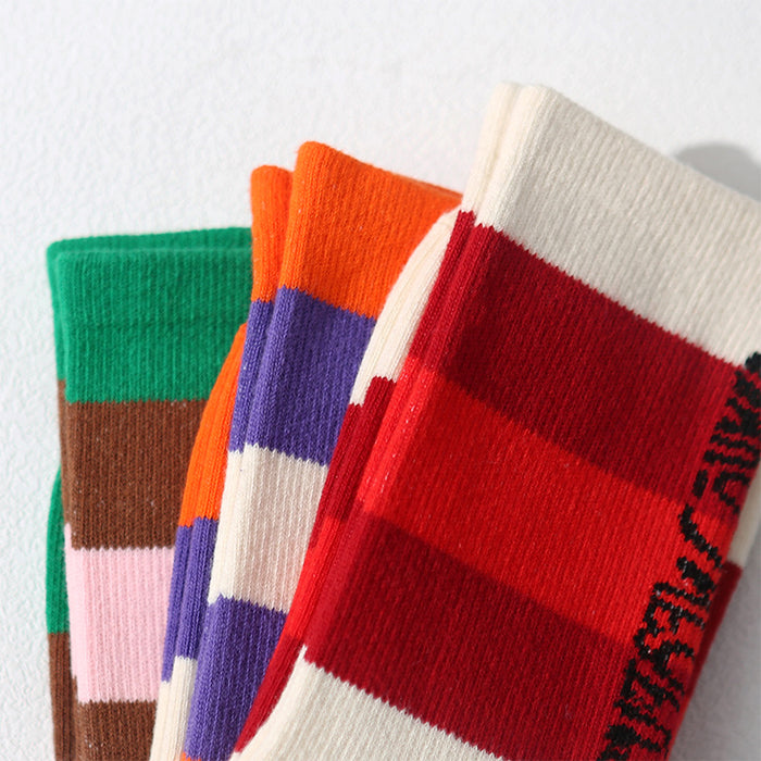 Wholesale Minority men's socks, color blocked striped couple socks, letter street women's socks, mid tube cotton socks