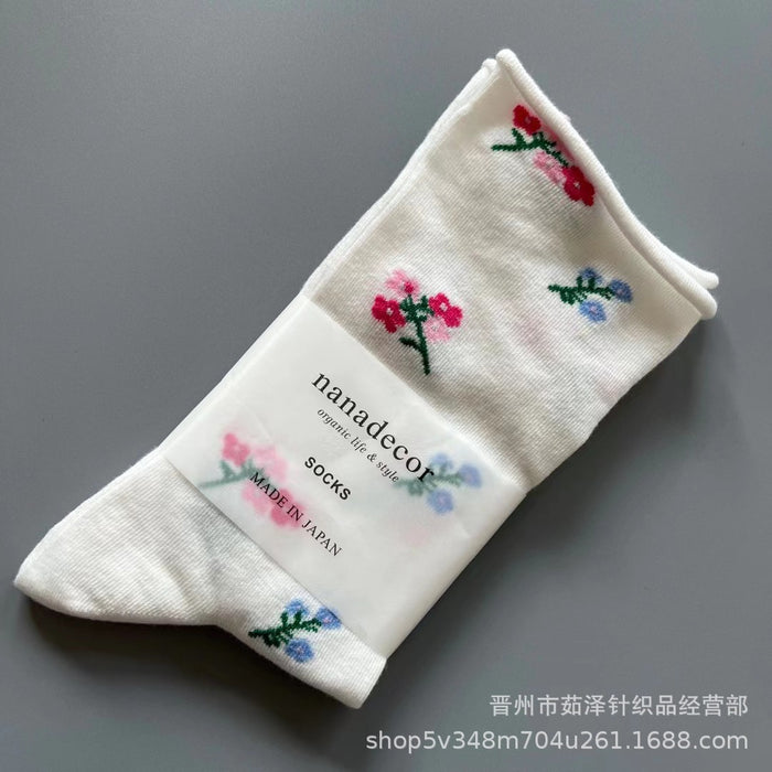 Wholesale Fruit and flower loose mouth rolled edge mid tube socks, simple cotton socks