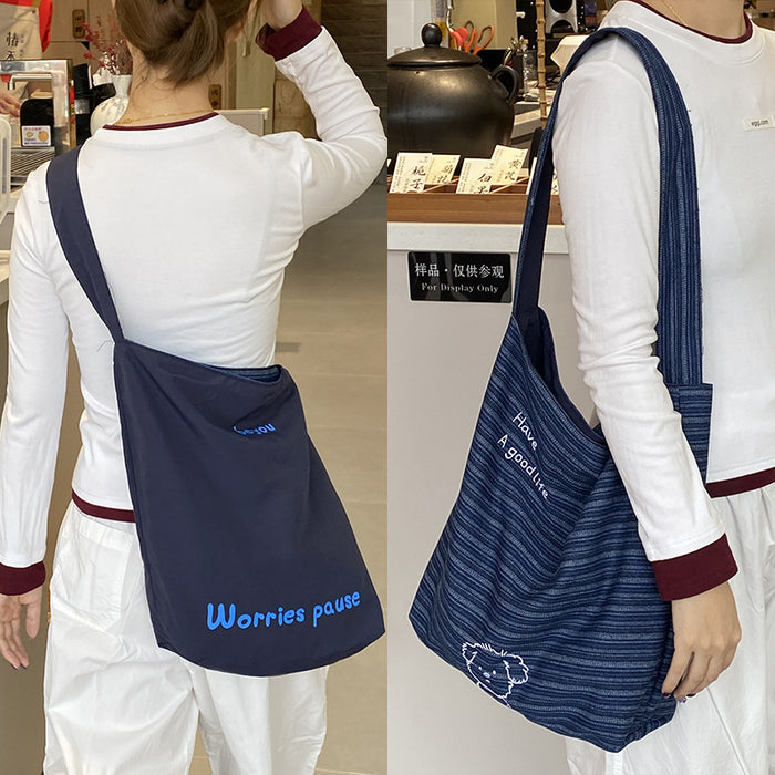 Wholesale Tote casual single shoulder large capacity bag with embroidered canvas denim bag on both sides