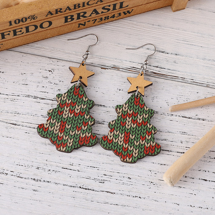 Wholesale Christmas Tree Sweater Knitted Pendant Wooden Double-Sided Earrings