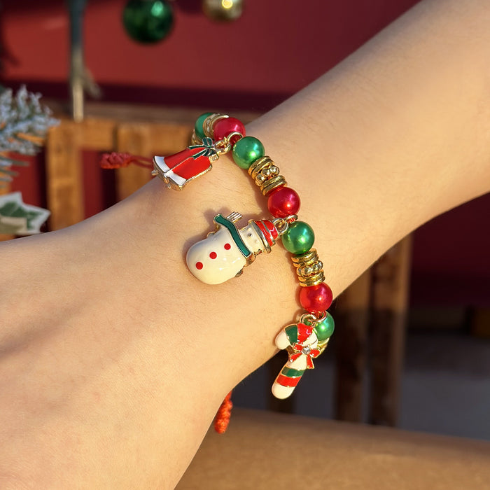 Wholesale Christmas Snowman Bell Cane Beaded Bracelet Handmade Alloy Adjustable Jewelry Accessory