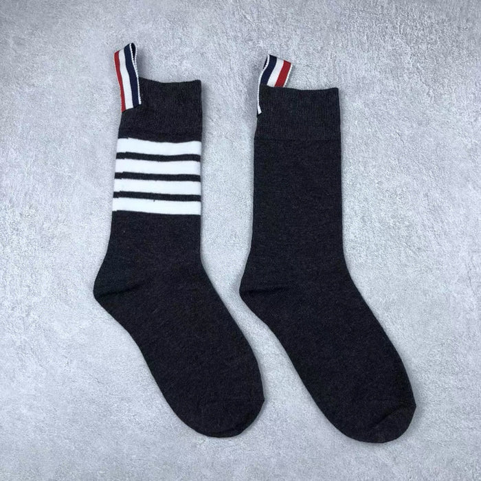 Wholesale Socks men's and women's mid length gray four bar striped pure cotton calf socks