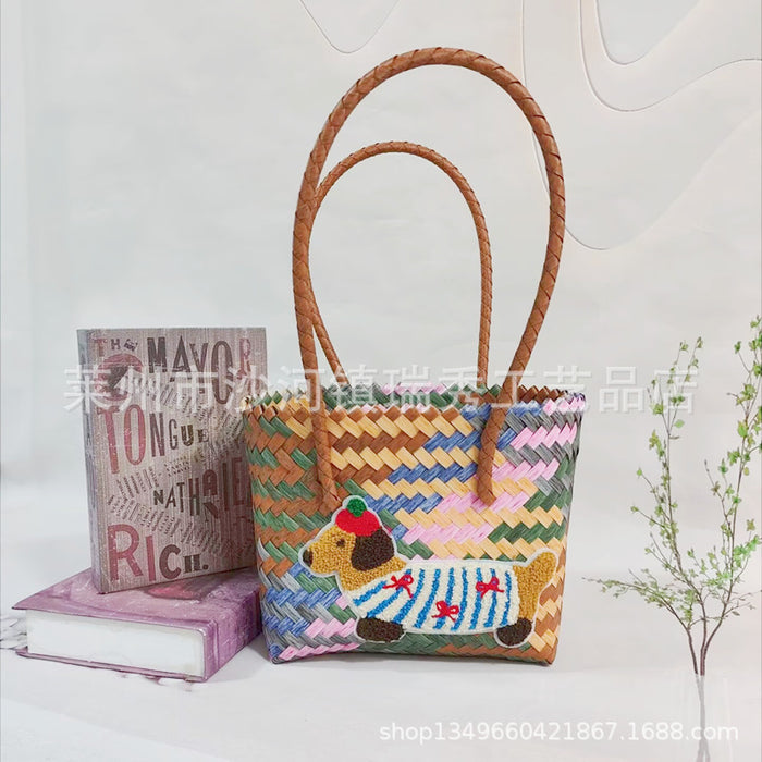 Wholesale Cute Cartoon Rags Woven Bag Imitation Straw Woven Bag Seaside Shoulder Handbag