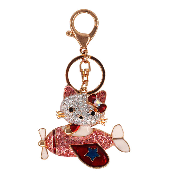 Wholesale cartoon airplane cat pendant cute  diamond-encrusted  keychain wholesale creative small gift pendant