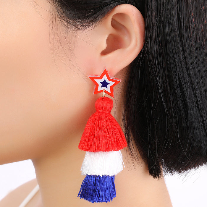 Wholesale Red, blue, and white rainbow shaped woven cotton rope tassel with sparkling pink acrylic earrings