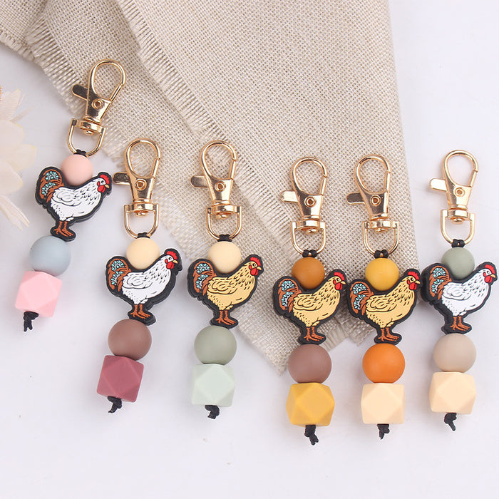 Wholesale Santa Cartoon Rooster Silicone Beaded Keychain JDC-KC-GuangTian031