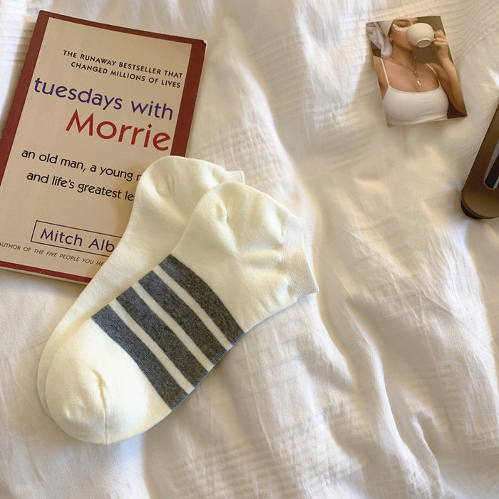 Wholesale Four bar striped boat socks, short socks, low cut pure cotton short tube socks