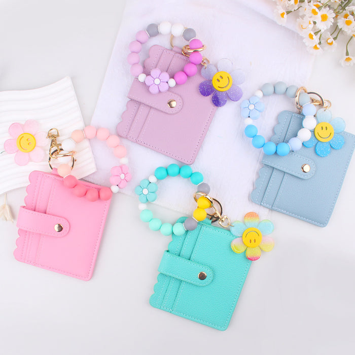 Wholesale Cartoon Sunflower Flower Card Holder Jewelry Beaded DIY Silicone Bracelet Bracelet Wallet Keychain Pendant