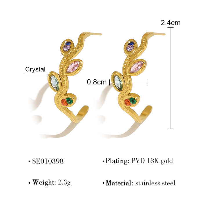 Wholesale Gold titanium steel earrings inlaid with colorful horse eye zircon stainless steel earrings, female hollow leaf C-shaped earrings